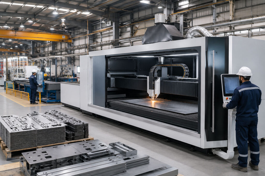 BODOR laser cutting machine operating in a modern industrial metal fabrication facility with workers and precision-cut metal sheets.