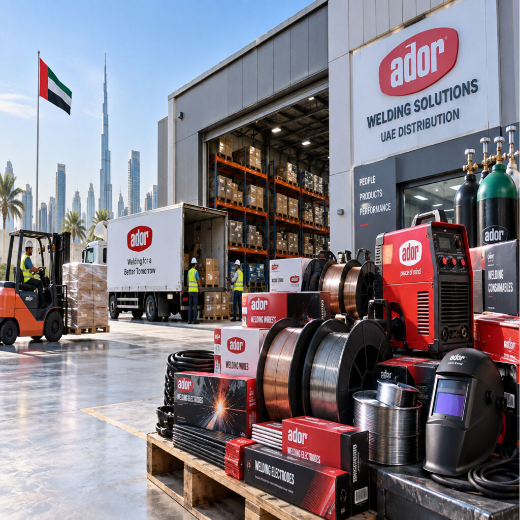 Industrial welding consumables, wire spools and electrodes being inspected by technicians in a UAE welding distribution and fabrication facility.