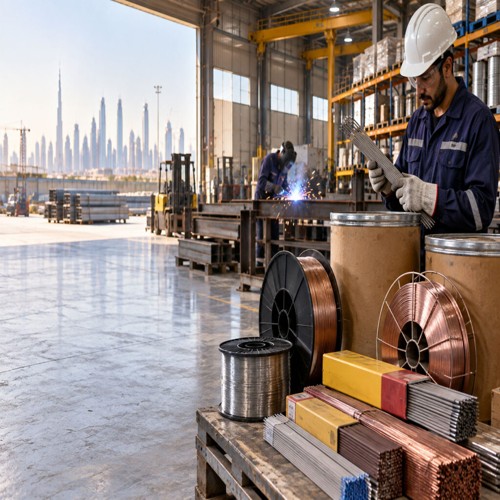 Hyundai welding consumables in a UAE industrial fabrication warehouse