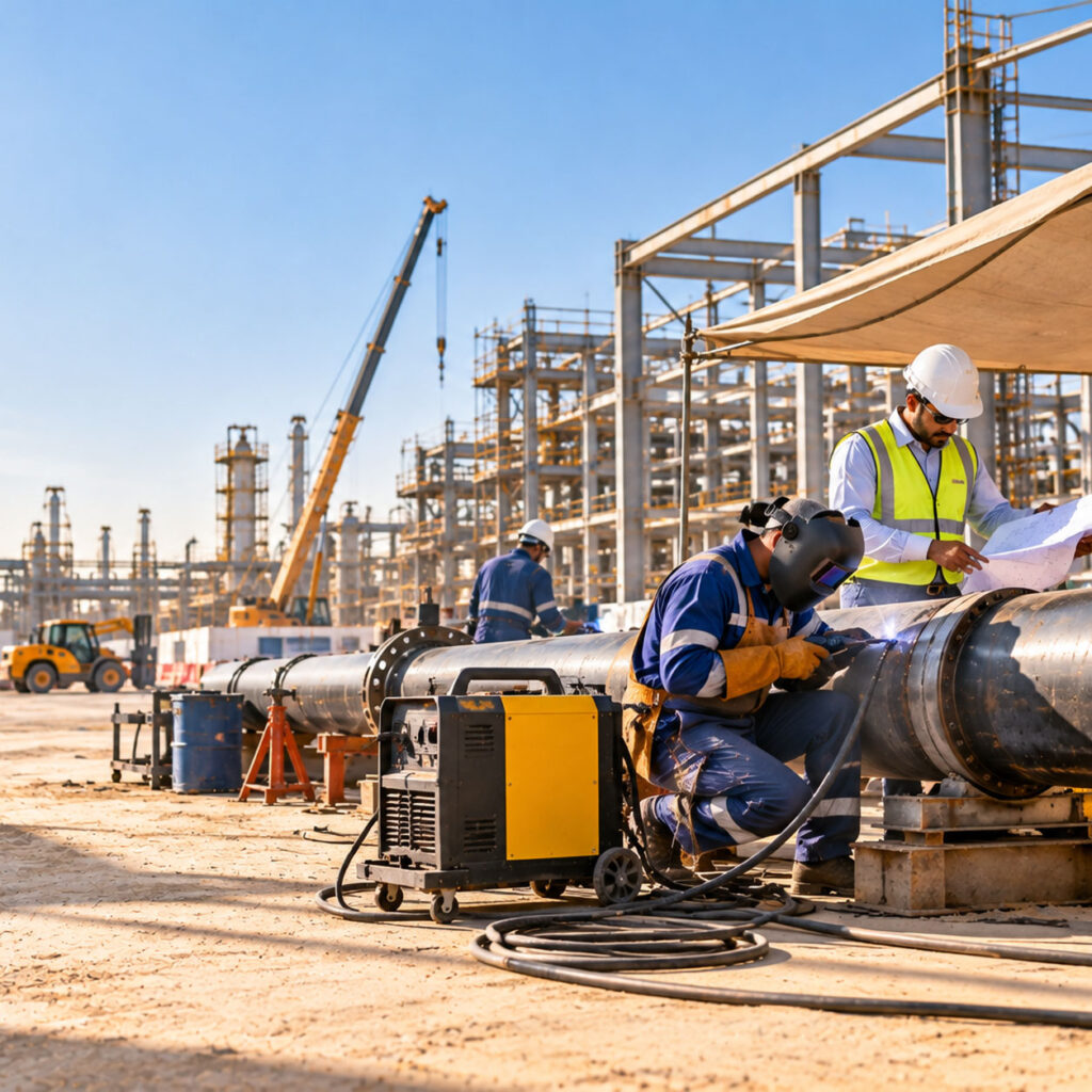 Welding machine rental in UAE at an outdoor industrial pipeline construction project.
