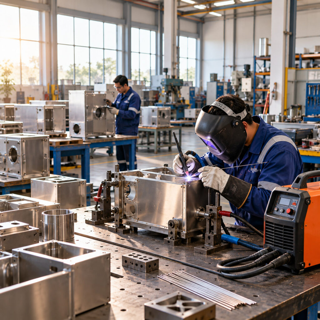 JASIC welding equipment used for precision TIG welding in a stainless-steel metal fabrication workshop.